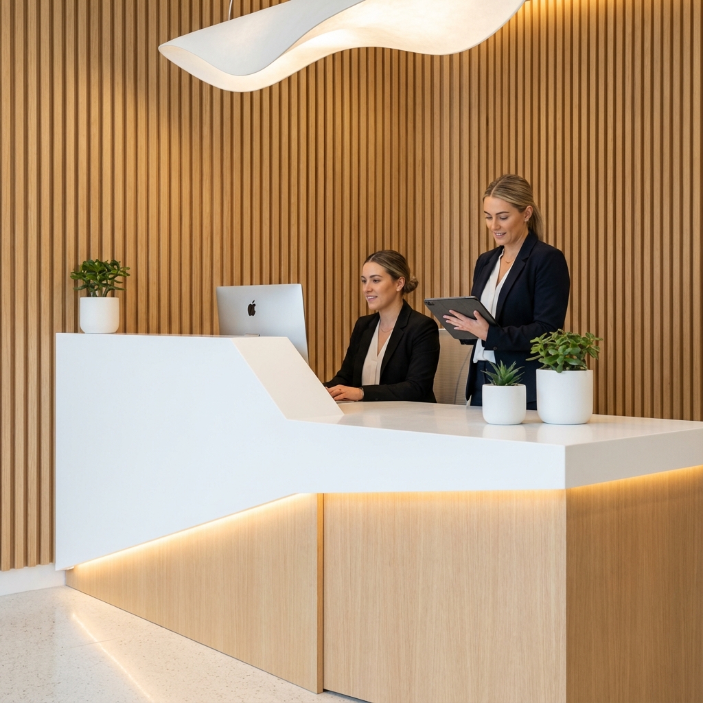 Modern AI-powered reception desk with holographic display and tablet interface